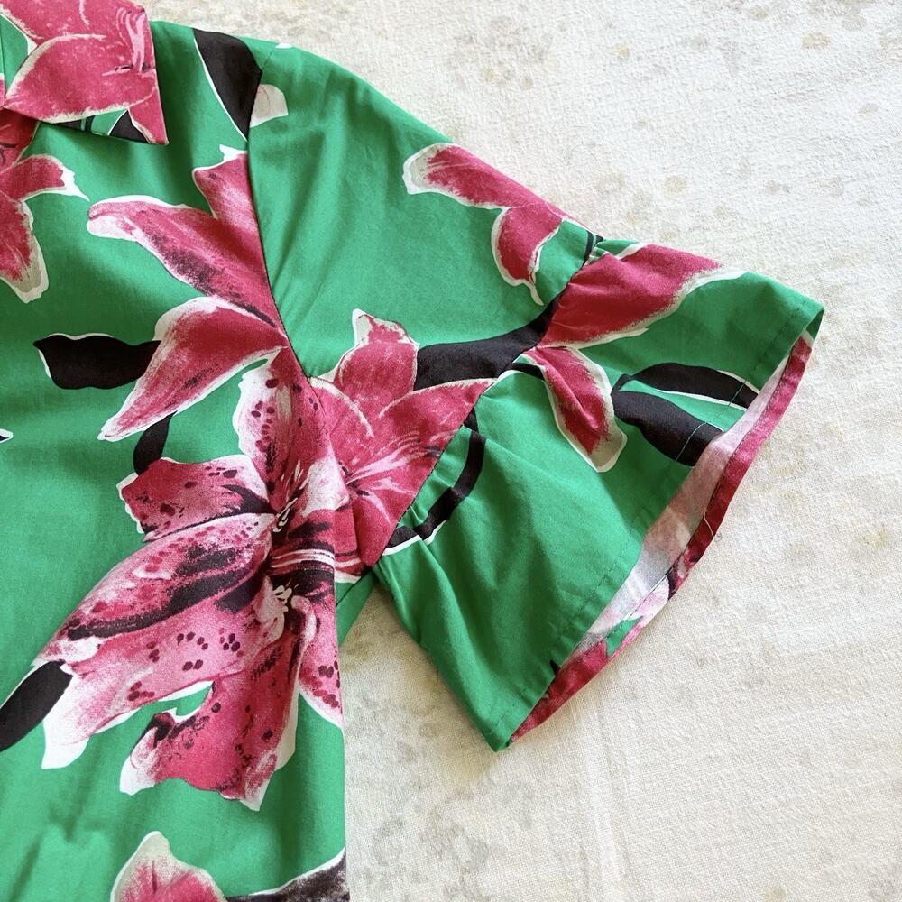 PLS READ Zara Medium Dress Tiger Lily Floral Print Green Pink Tiered Collar - Picture 2 of 6